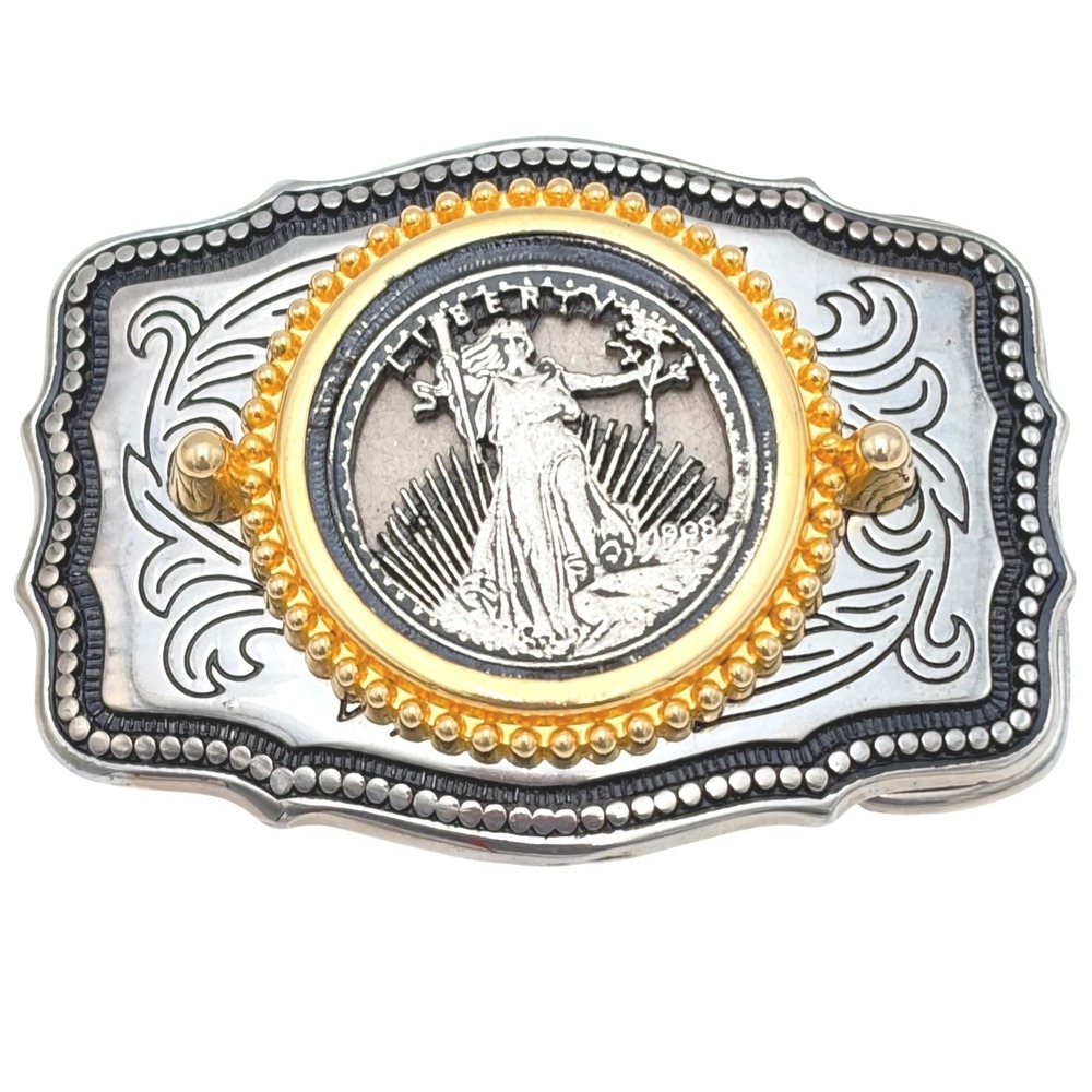 Vintage Western Belt Buckle 1908 Liberty Coin Motif Two Tone Scrollwork Mens